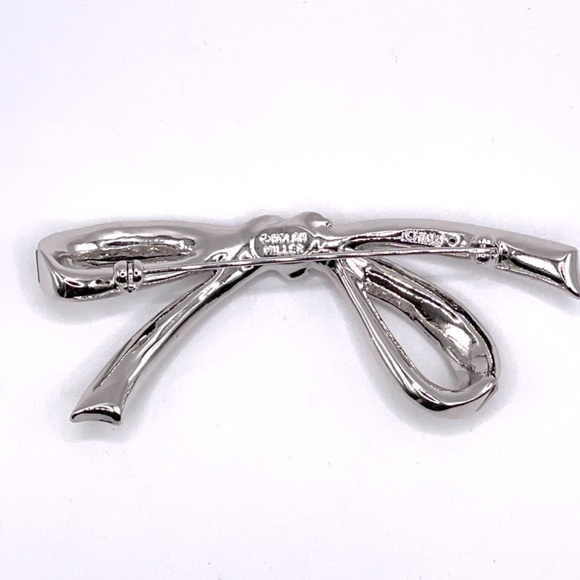 Nolan Miller Signed Silver Tone Swarovski Crystal Baguette Bow Pin Brooch - Picture 6 of 9